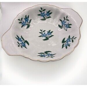 Porcelain Forget Me Not Blue Flowers Bowl Gold Rim Handles Scalloped Vintage